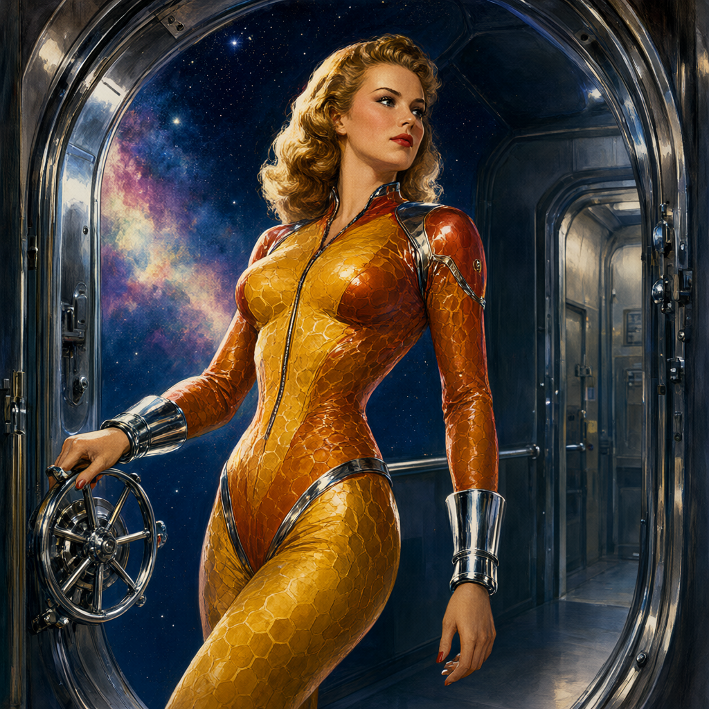 Woman in a patterned spacesuit standing in an opening airlock hatch with one hand on the wheel valve
