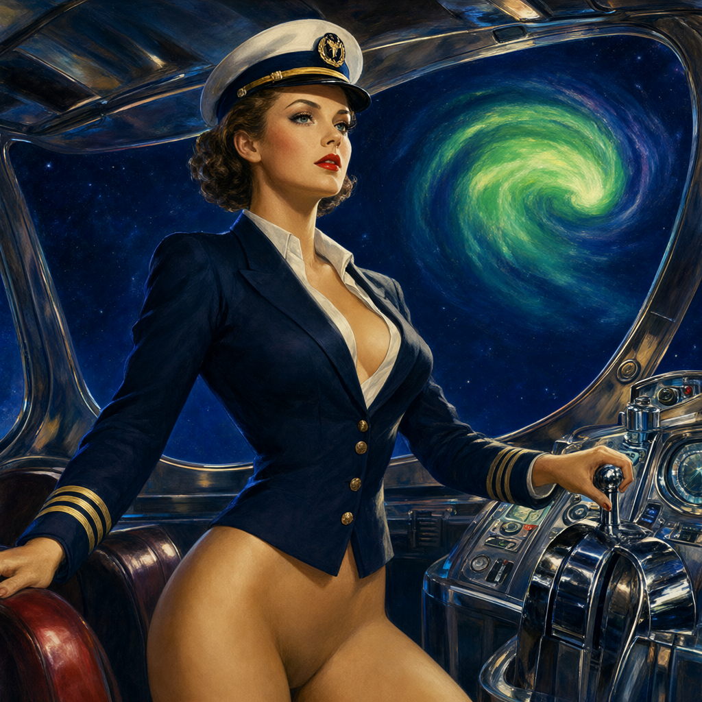 Starship captain in navy uniform and peaked cap at the helm with a green comet swirling in the viewport