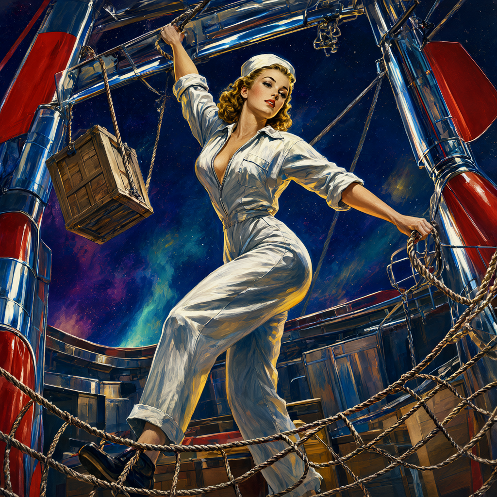 Deckhand in rolled-sleeve coveralls swinging on a cargo net over the open hold of a freight rocket