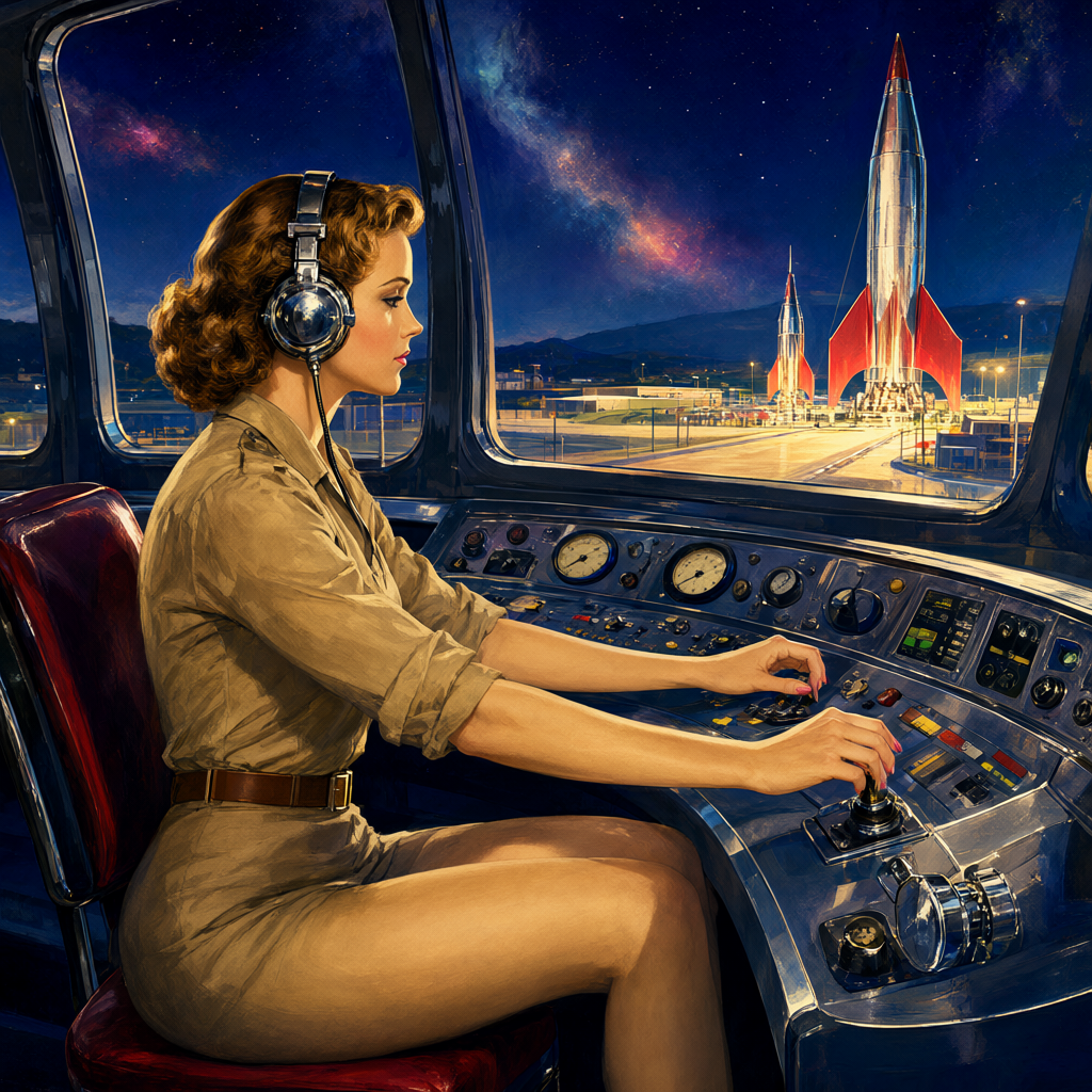 Radio operator in khaki uniform at a sweeping control console with the rocket pad framed in the glass wall behind