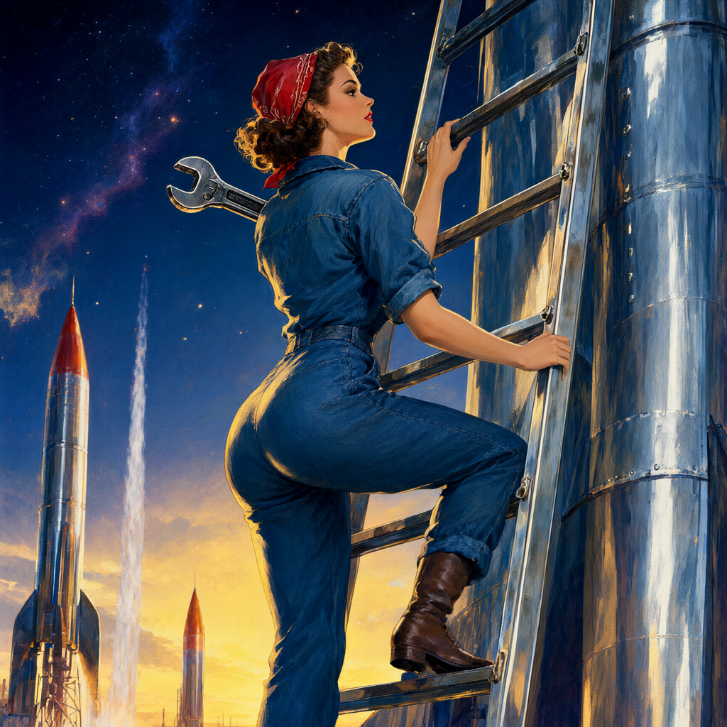 Mechanic in denim coveralls and a red bandana climbing a rocket gantry ladder with a wrench over her shoulder