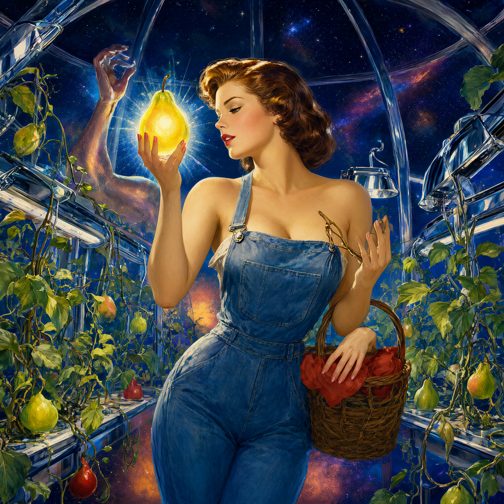 Gardener in denim overalls picking a glowing fruit among vines and lamps in a hydroponics dome