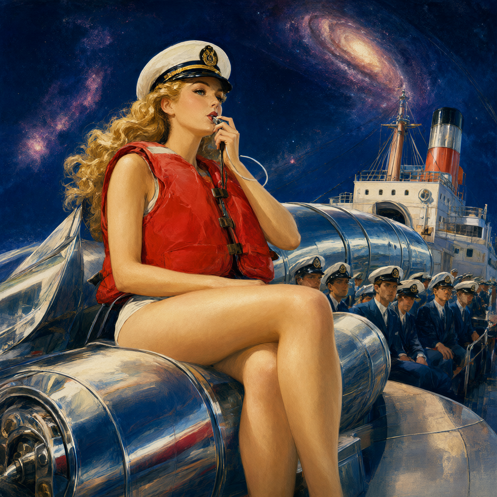Drill officer in a red life vest and white cap blowing a whistle on the boat deck of a liner rocket