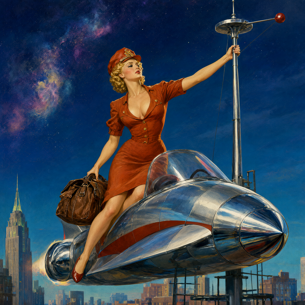 Mail officer in rust-orange uniform swinging a leather mailbag aboard a hovering rocket car above city towers