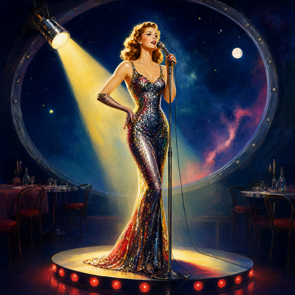 Singer in a sequined gown on a tiny stage under a moon porthole, one spotlight and empty tables