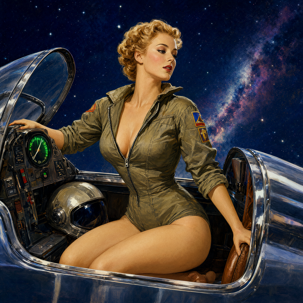 Beauty in an unzipped flight suit sitting sideways in an empty cockpit with the canopy open to stars