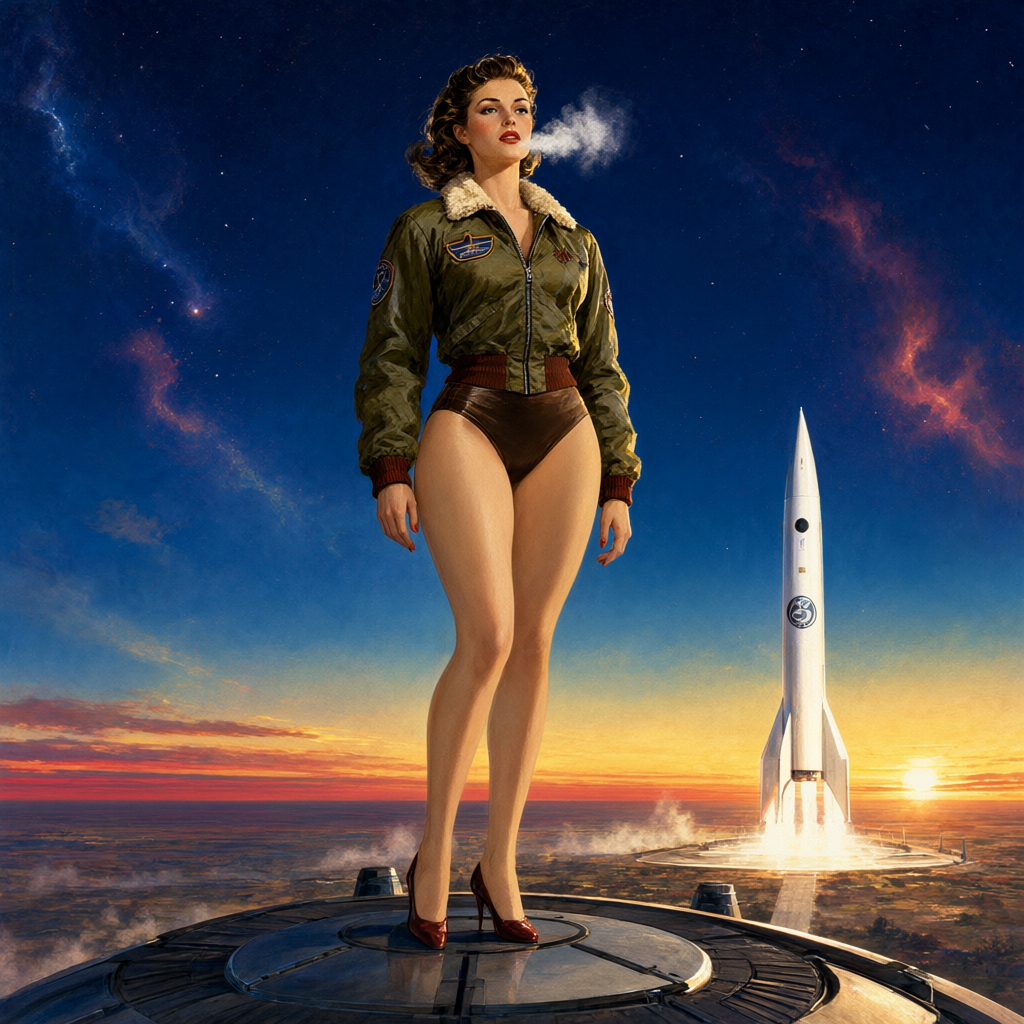 Woman in a flight jacket on a viewing mound at first light with a white rocket on the distant pad