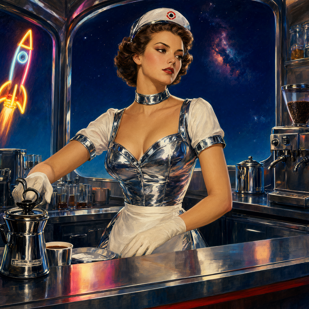 Waitress in a chrome-trimmed uniform pouring coffee at a midnight counter with a neon rocket sign in the window