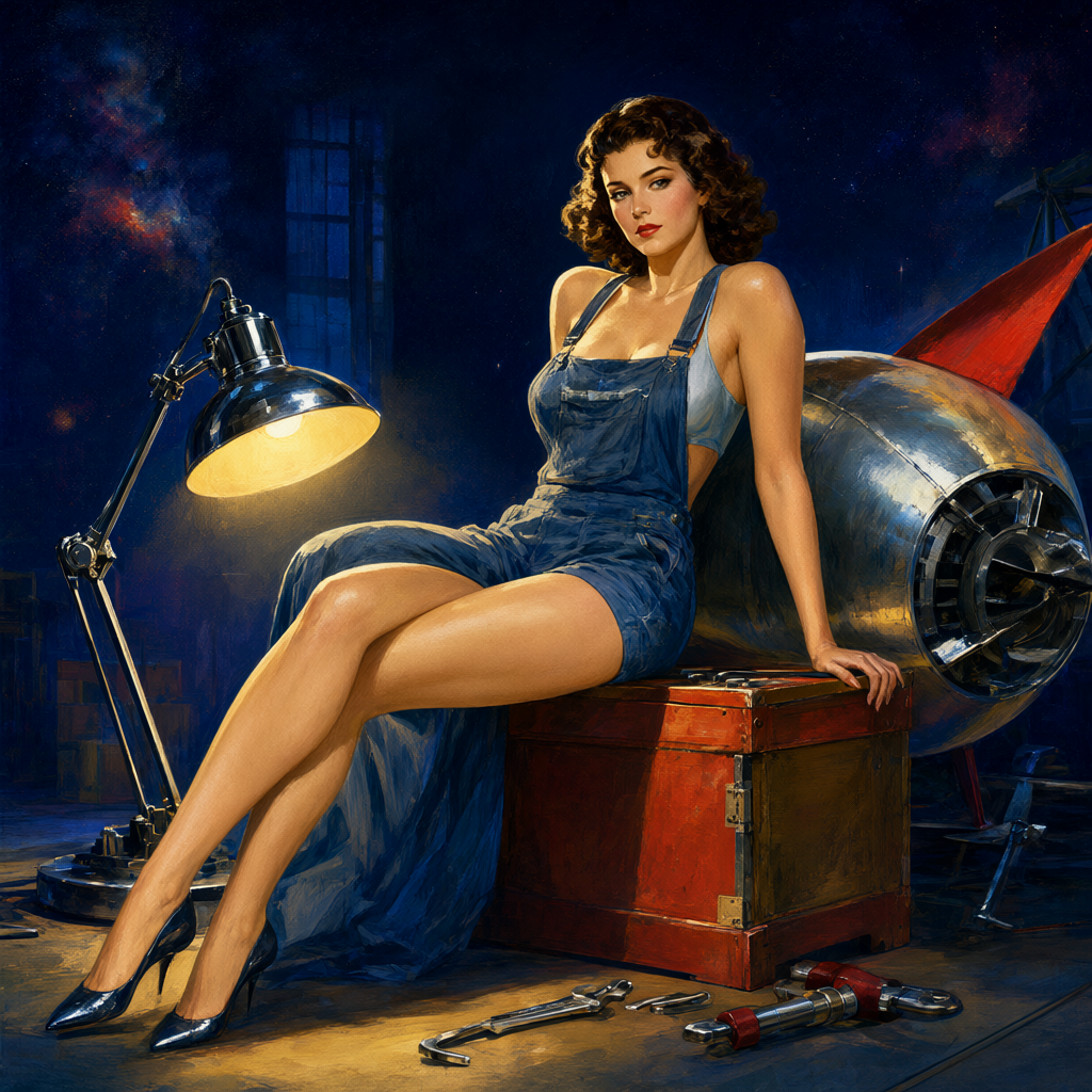Mechanic on a crate under a single work lamp beside a half-dismantled rocket in a dark hangar