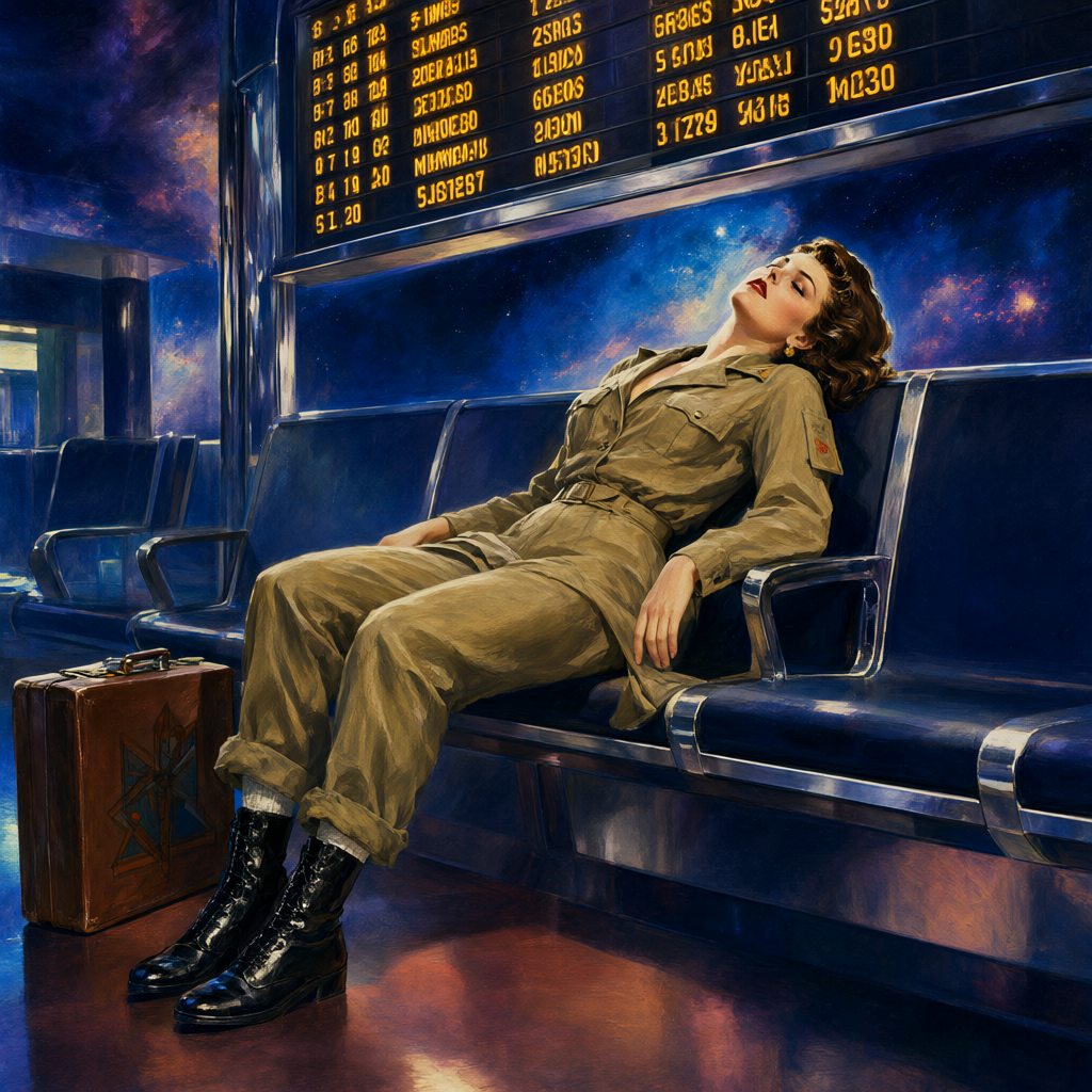 Traveler in a creased uniform asleep upright on a bench under a glowing arrivals board