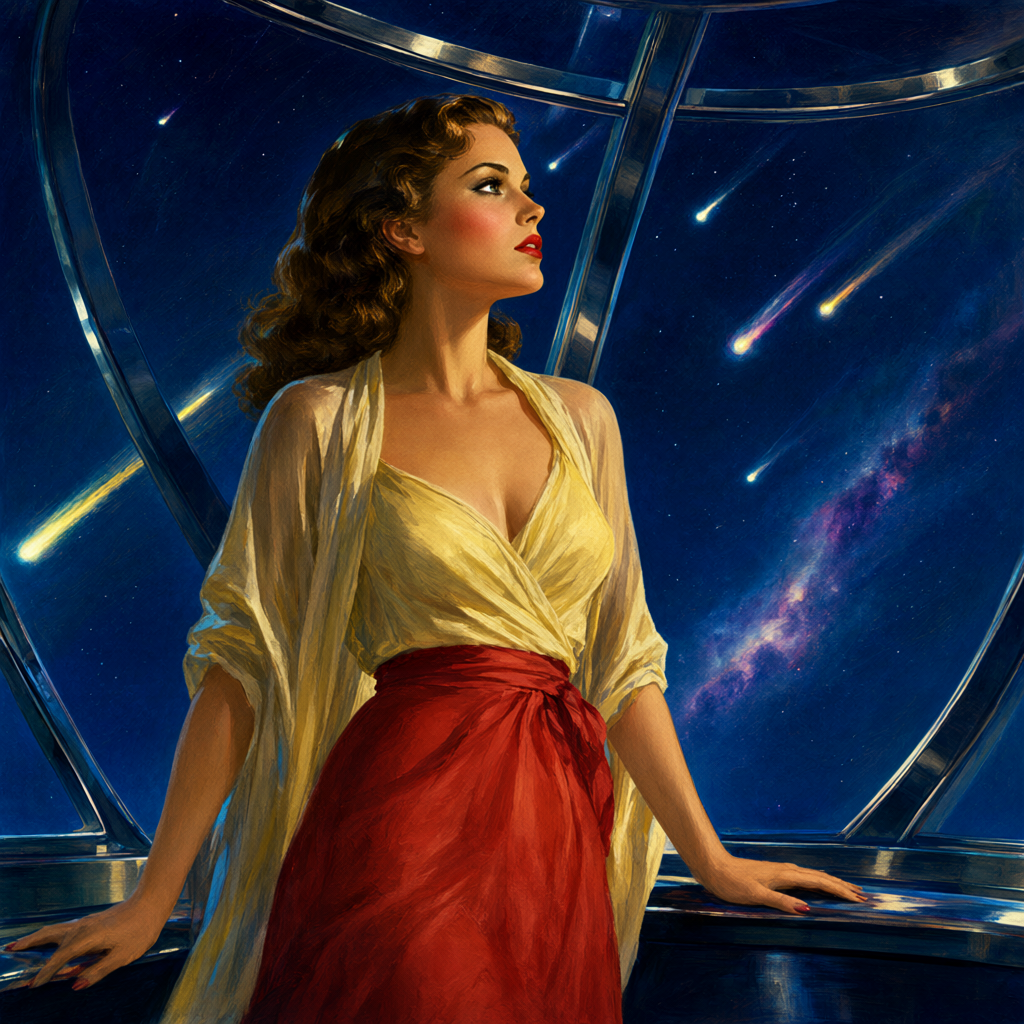 Woman in a shawl at the curved glass of an observation dome watching meteors in dim blue light