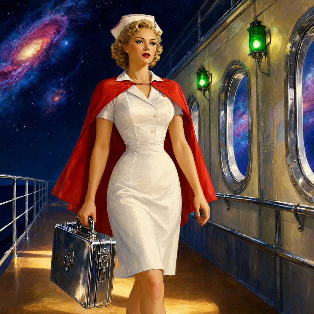 Nurse in a crisp white uniform with a short red cape carrying a steel medical case down a sunlit hospital-ship corridor