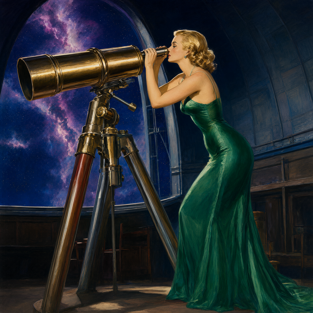 Astronomer in an emerald evening gown leaning to the eyepiece of a great brass telescope open to a violet nebula
