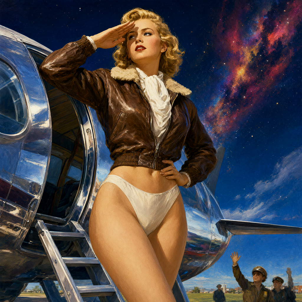 Pilot in a leather flight jacket and white scarf saluting from a boarding ladder, hatch open behind her