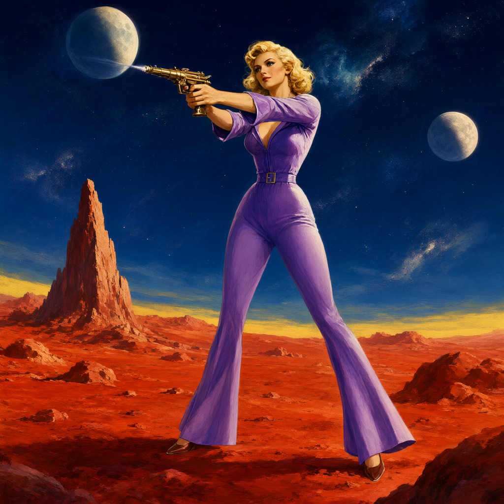 Woman in a violet jumpsuit taking a two-handed aim with a brass ray pistol across a rust-red asteroid plain