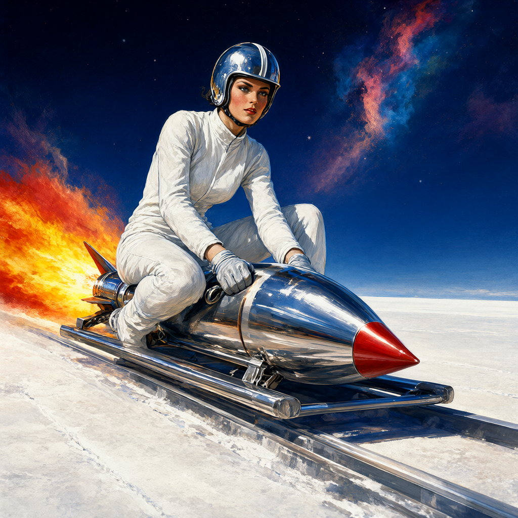 Test rider in a white racing suit crouched on a rocket sled tearing along rails across a salt flat