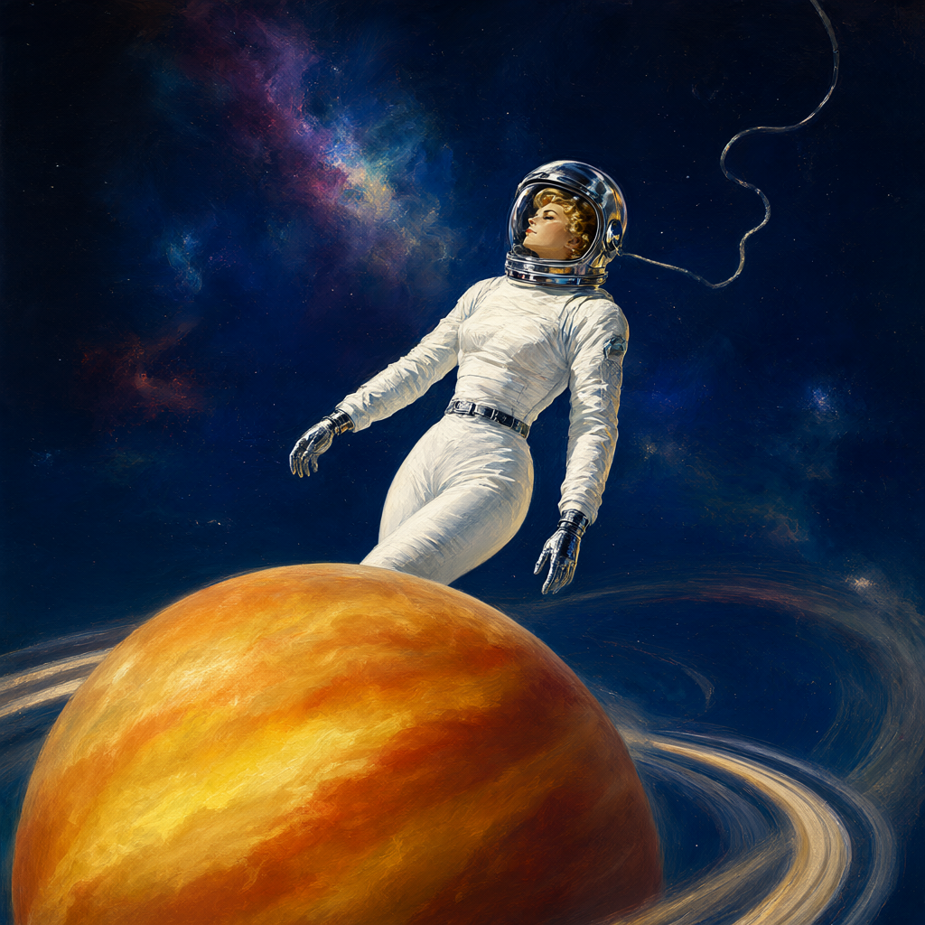 Beauty in a white spacesuit with open dome helmet floating at the end of a tether above the rings of an amber planet