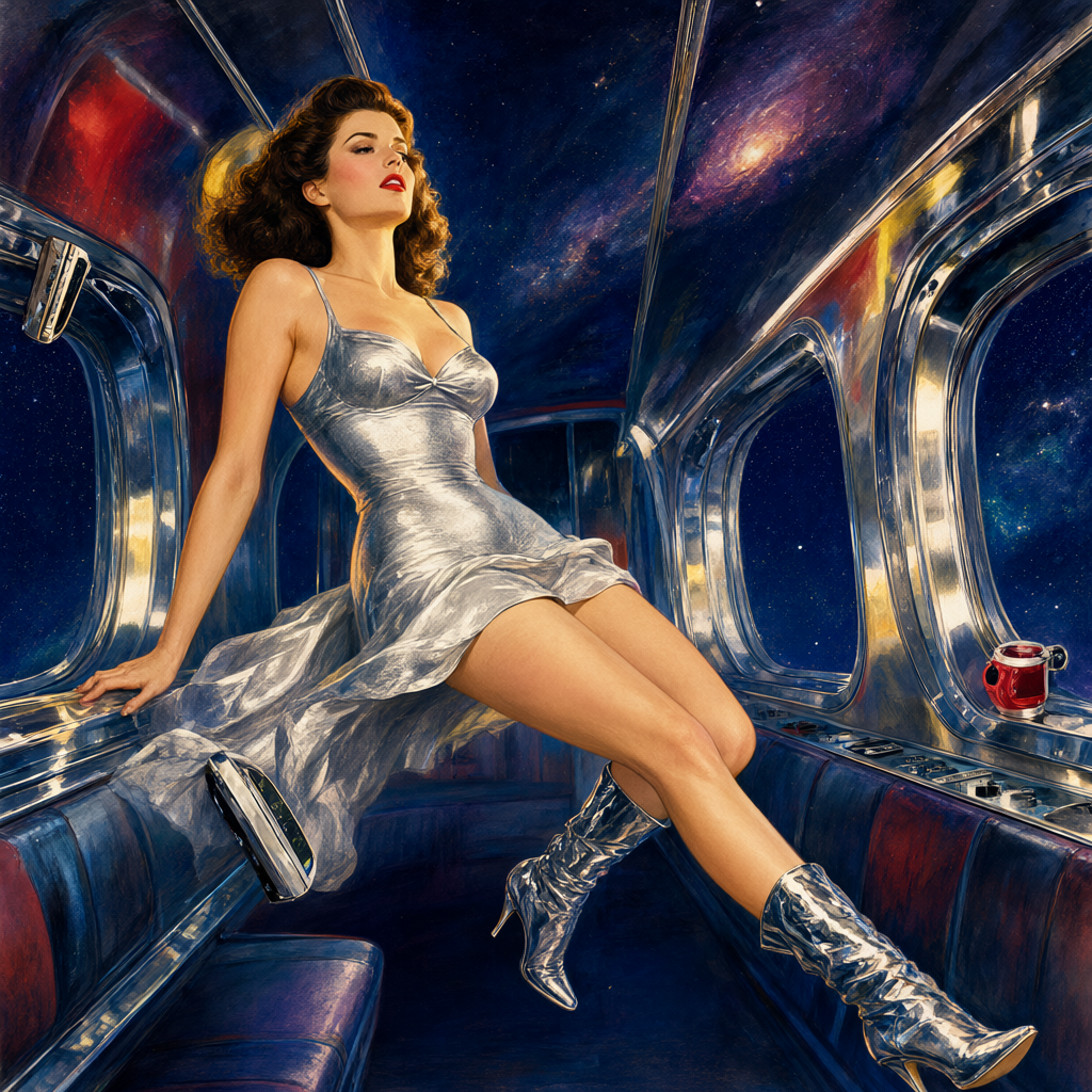 Beauty in a silver minidress floating sideways down a cabin aisle with skirt drifting and stars in the portholes