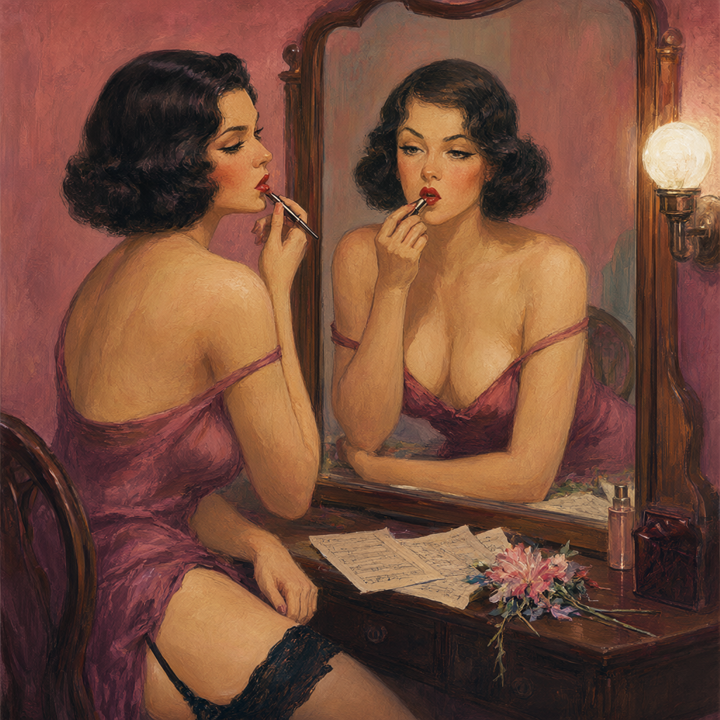 Chanteuse applying lipstick at a backstage dressing table after the show