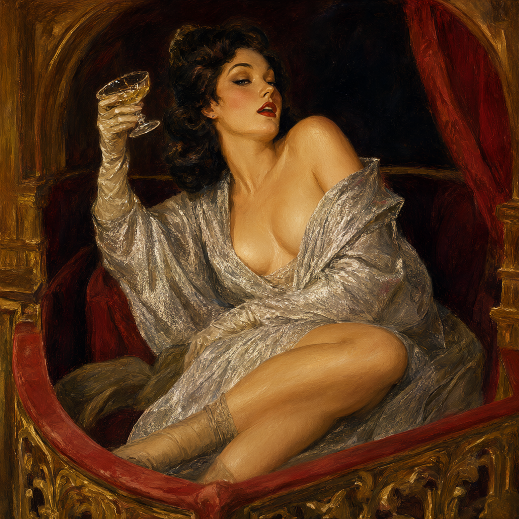 Patron in a velvet balcony box above a golden theater