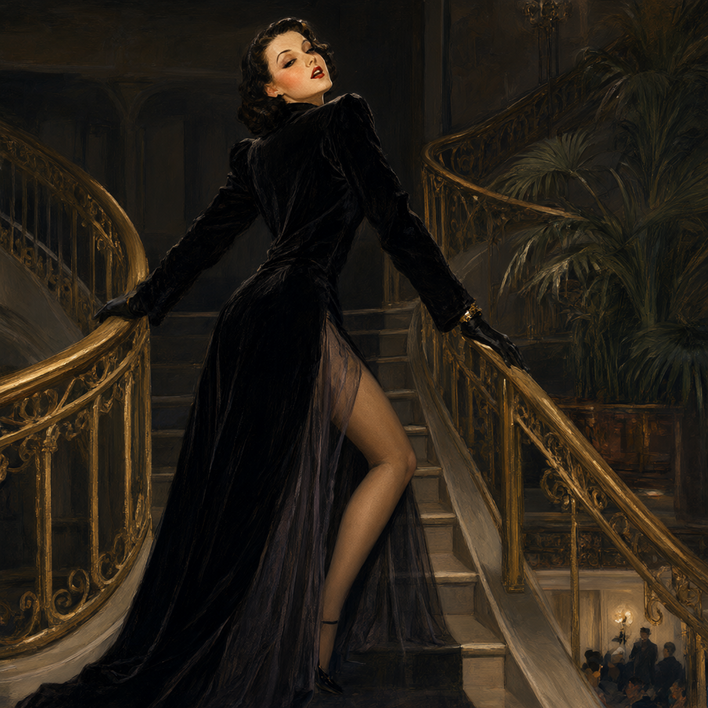Woman in velvet opera coat ascending a hotel ballroom stair