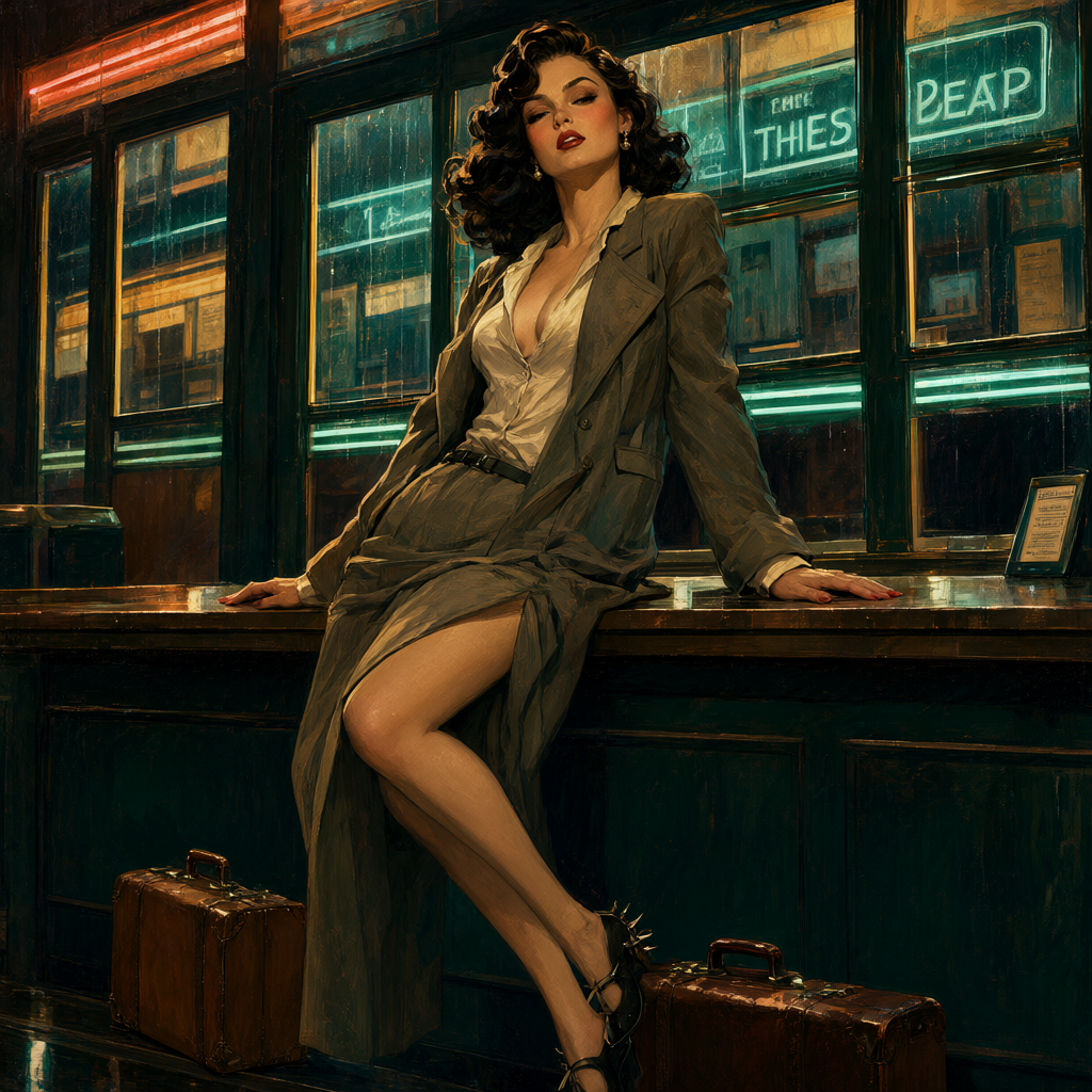 Woman in fur-trimmed coat and cloche waiting at a glowing bus depot counter