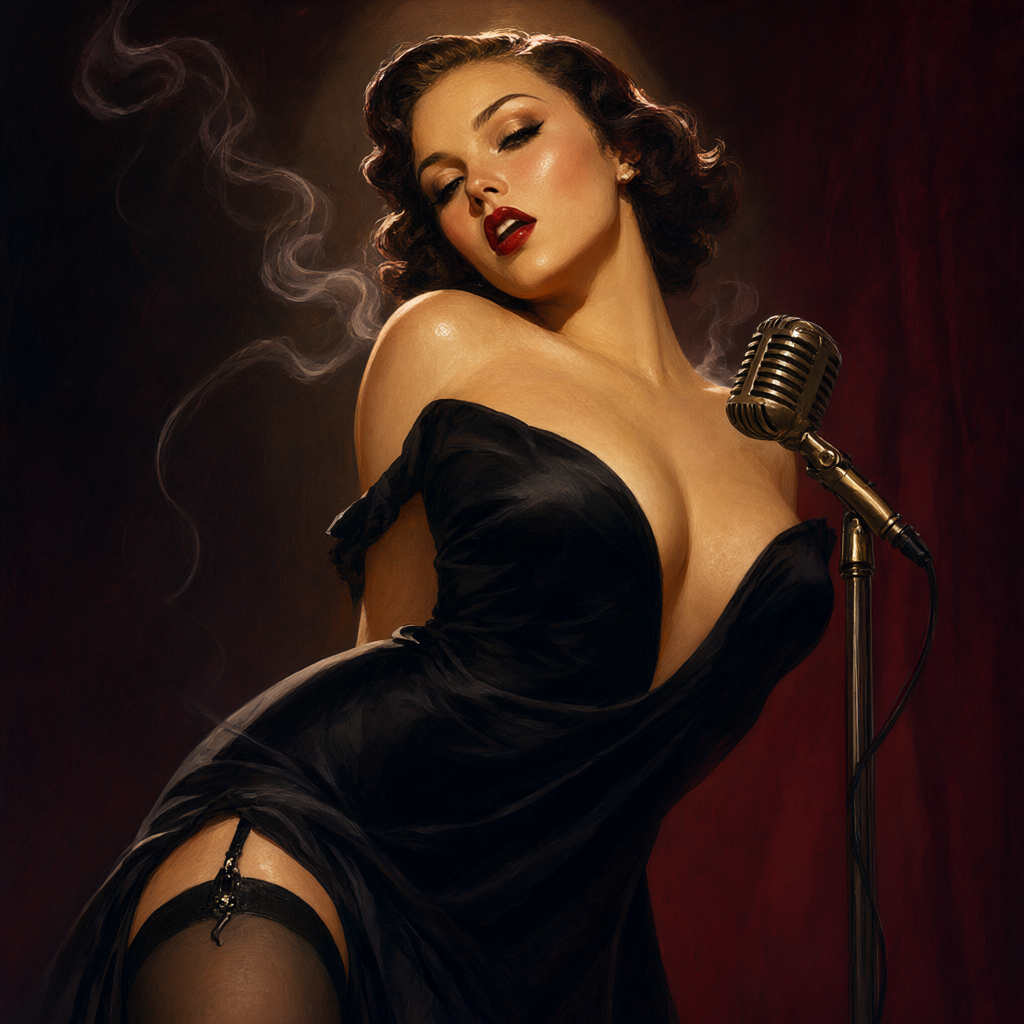 Chanteuse in a black gown at a ribbon microphone in a spotlight