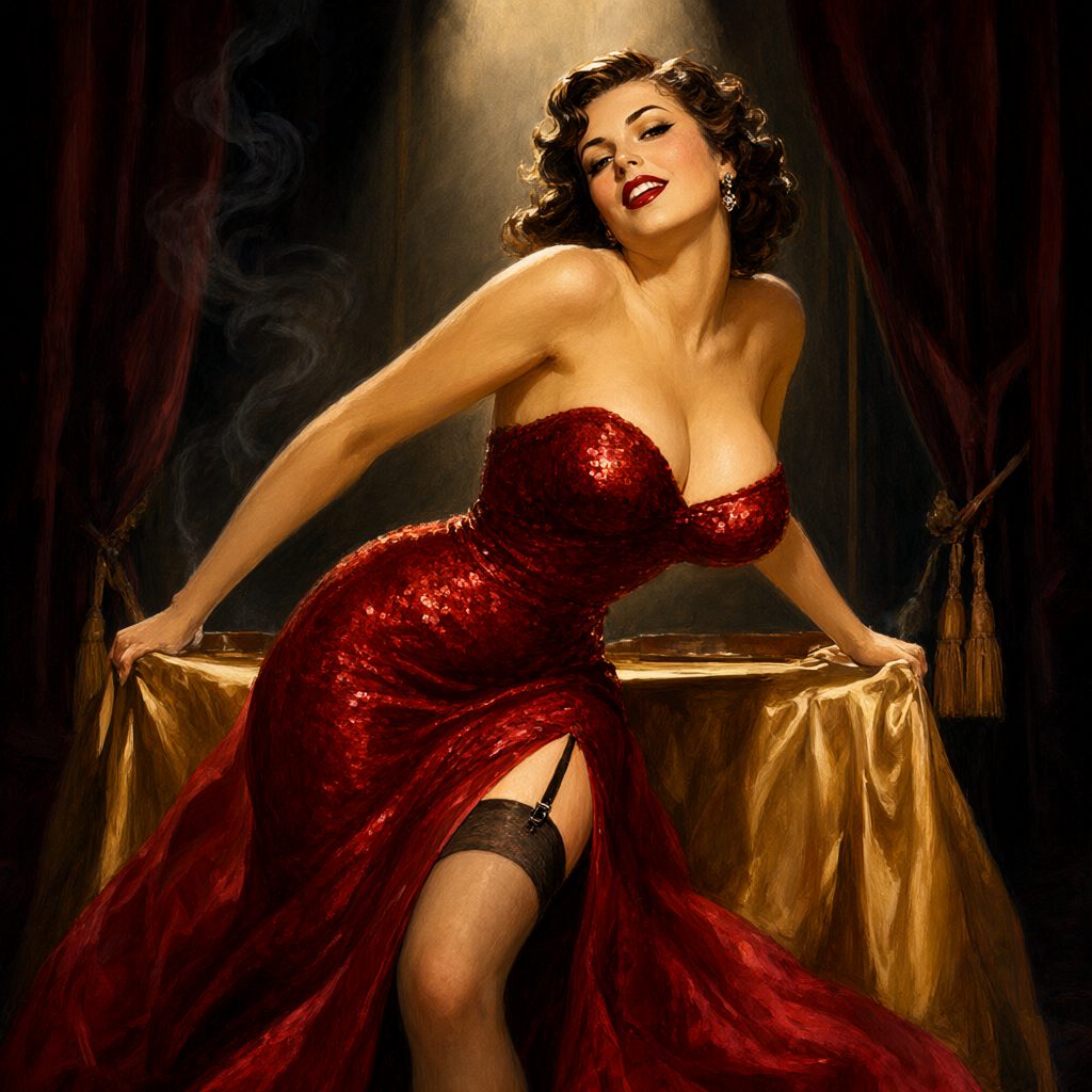 Cigarette girl in red sequins with her satin tray