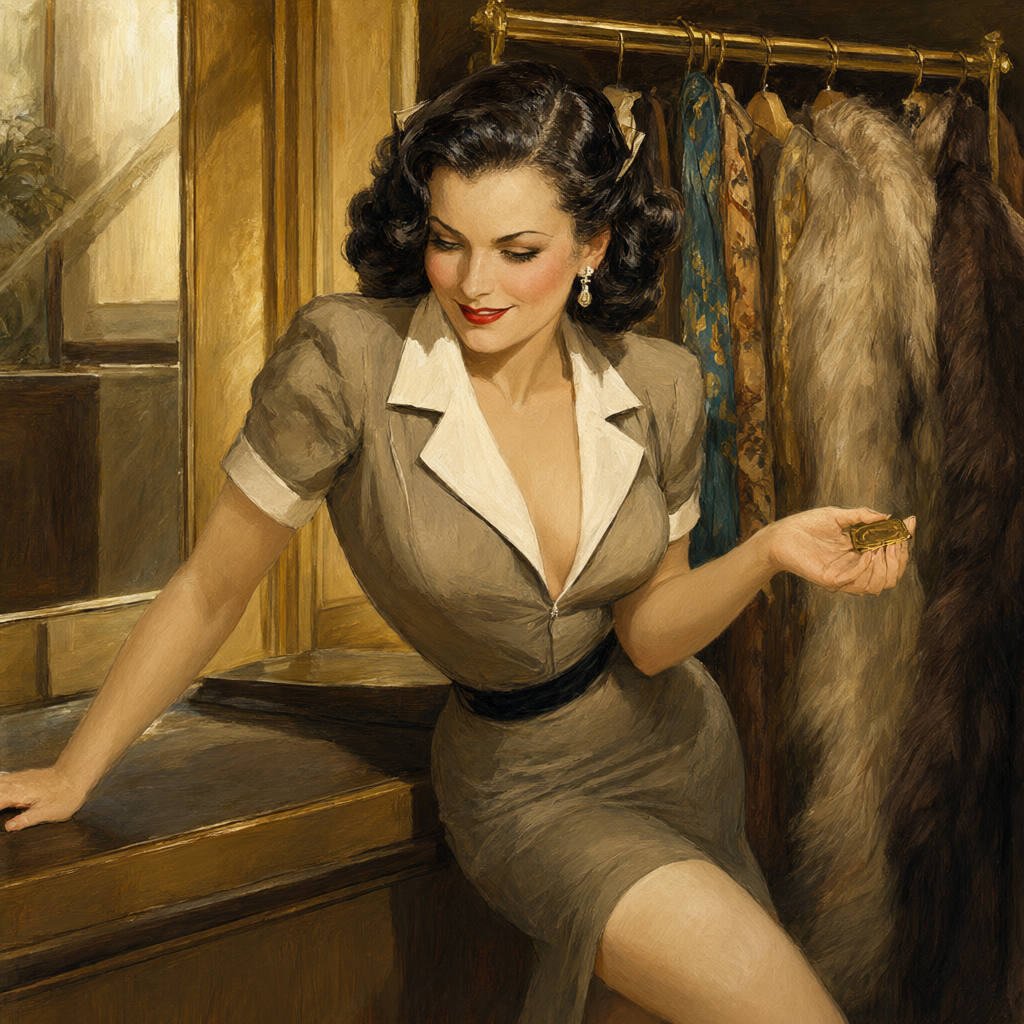 Coat-check girl with a brass numbered token