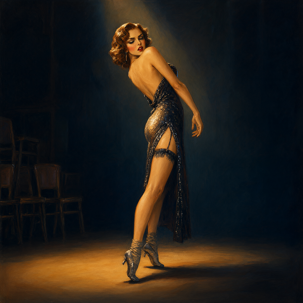 Dancer practicing taps alone on a darkened dance floor