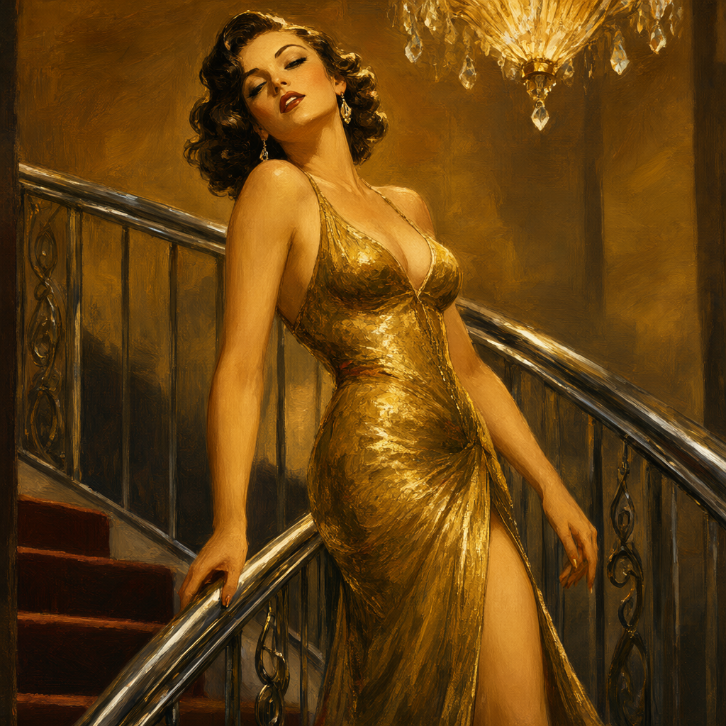 Woman in champagne satin descending an Art Deco theater staircase