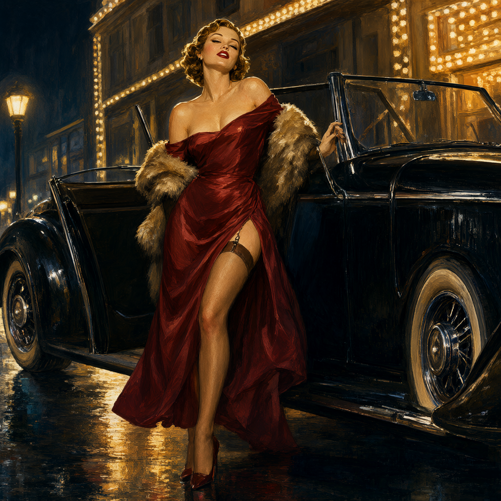 Woman in opera cloak stepping from a roadster before a glowing marquee