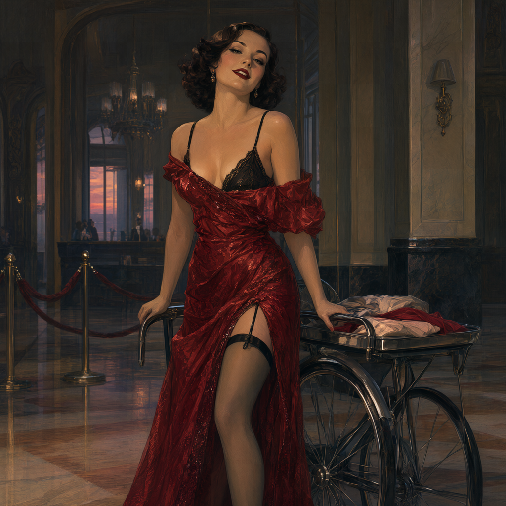 Cigarette girl wheeling her tray through the empty lobby at dawn