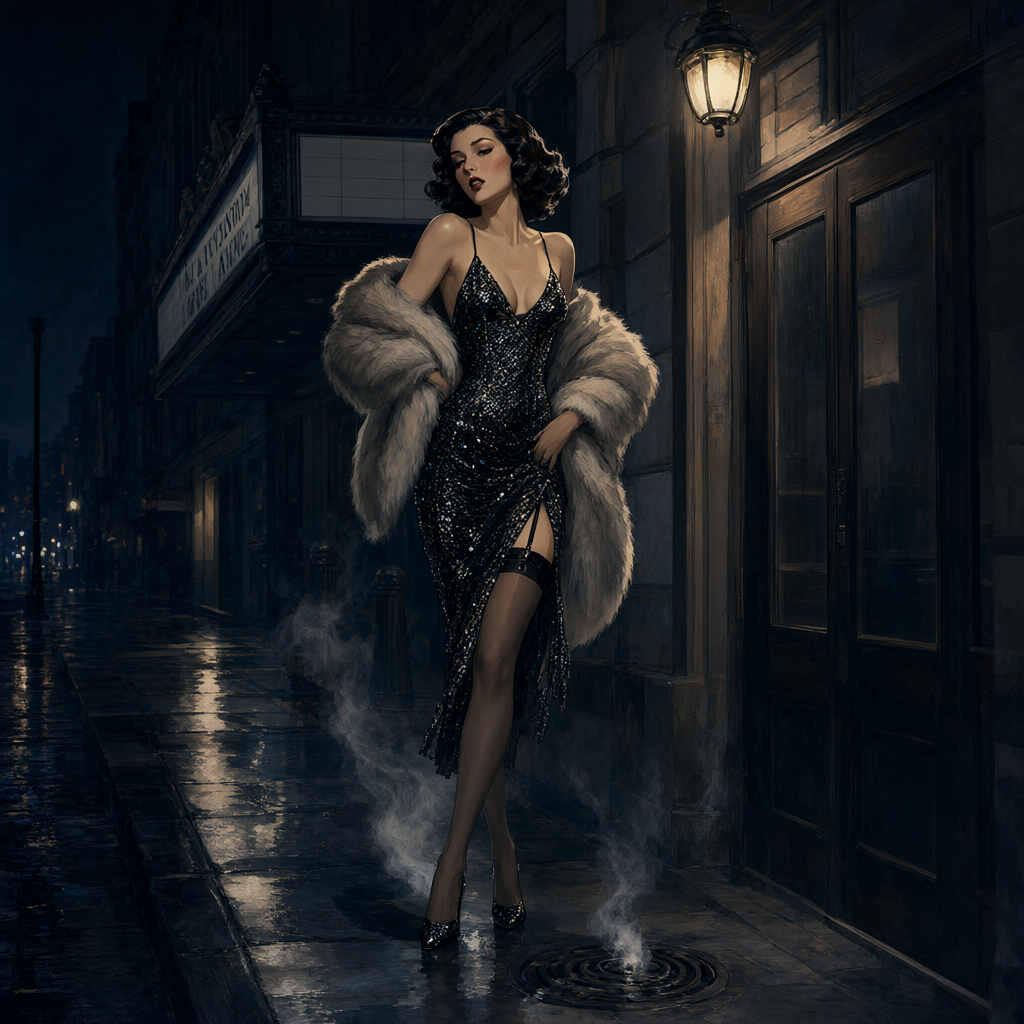 Showgirl on the rain-slicked sidewalk under a dark marquee at 4 a.m.