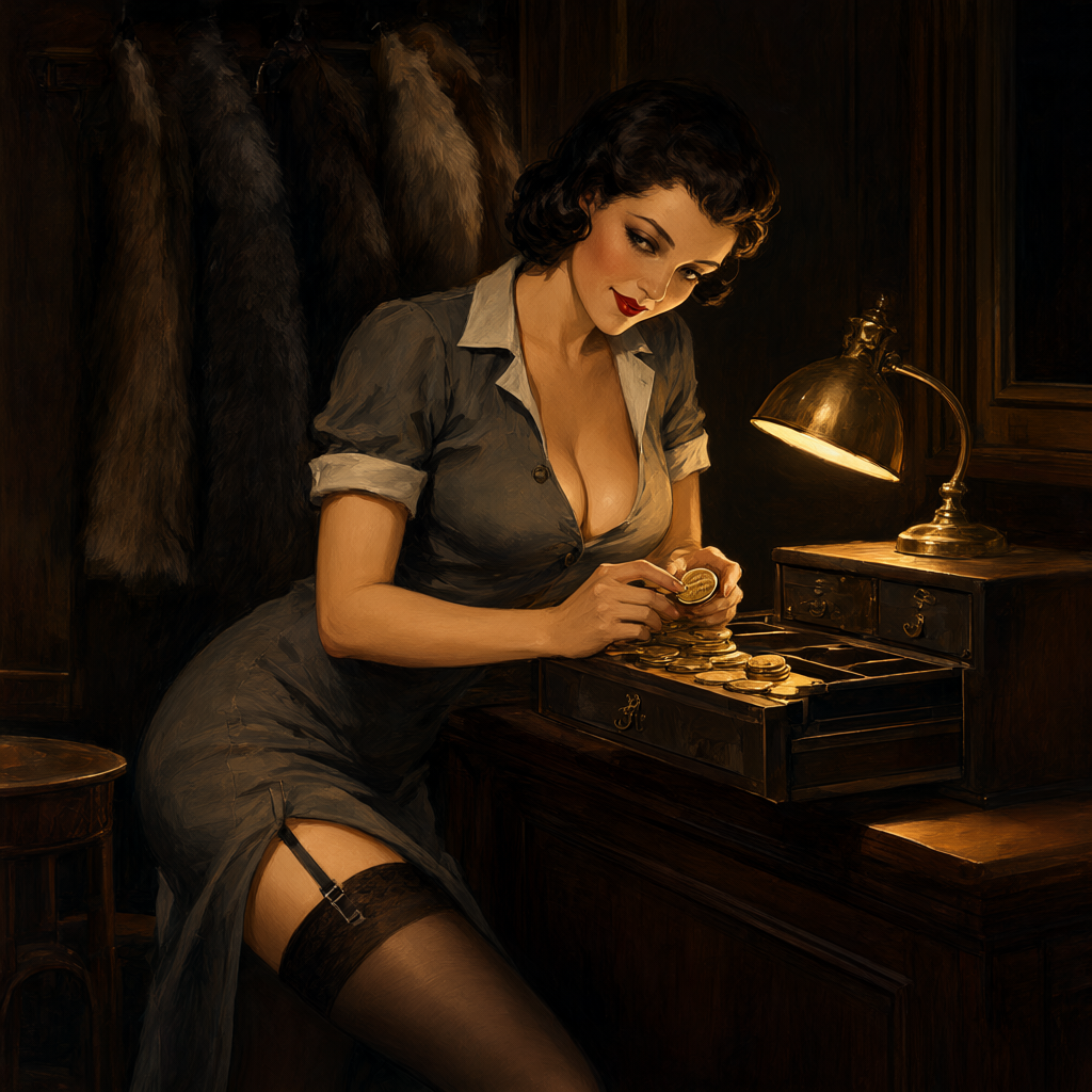 Hat-check girl counting brass tokens alone at the cloakroom counter