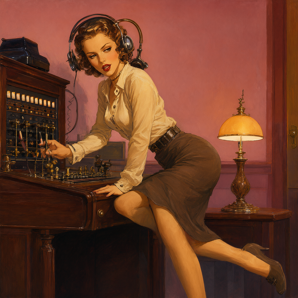 Telephone operator at a brass-and-walnut switchboard