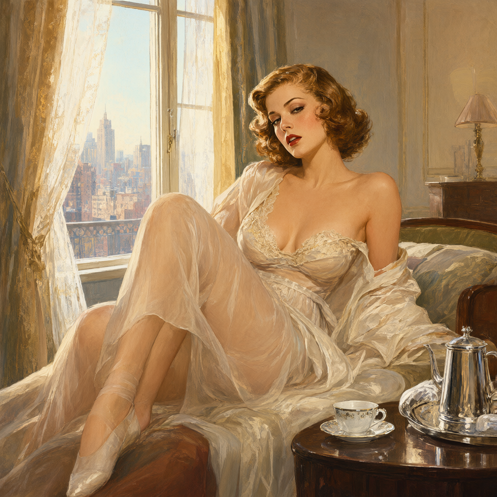 Woman in silk tea gown taking morning coffee in a hotel suite