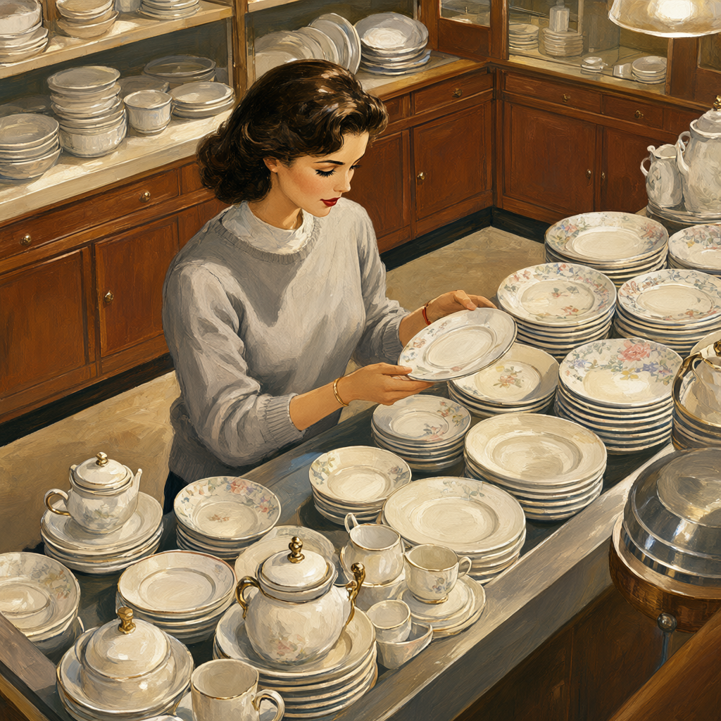 Pin-up selecting fine china plates at the housewares counter