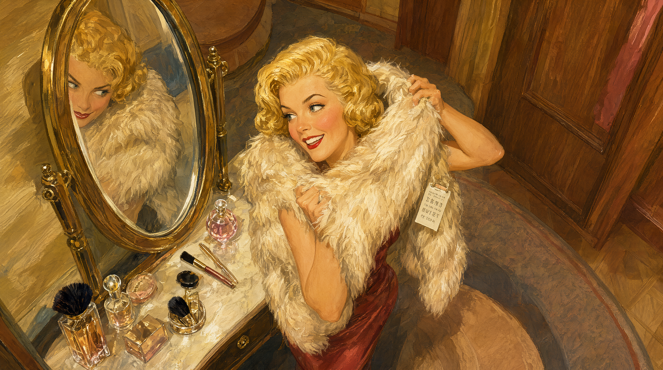 Pin-up trying a fur stole before the oval vanity mirror
