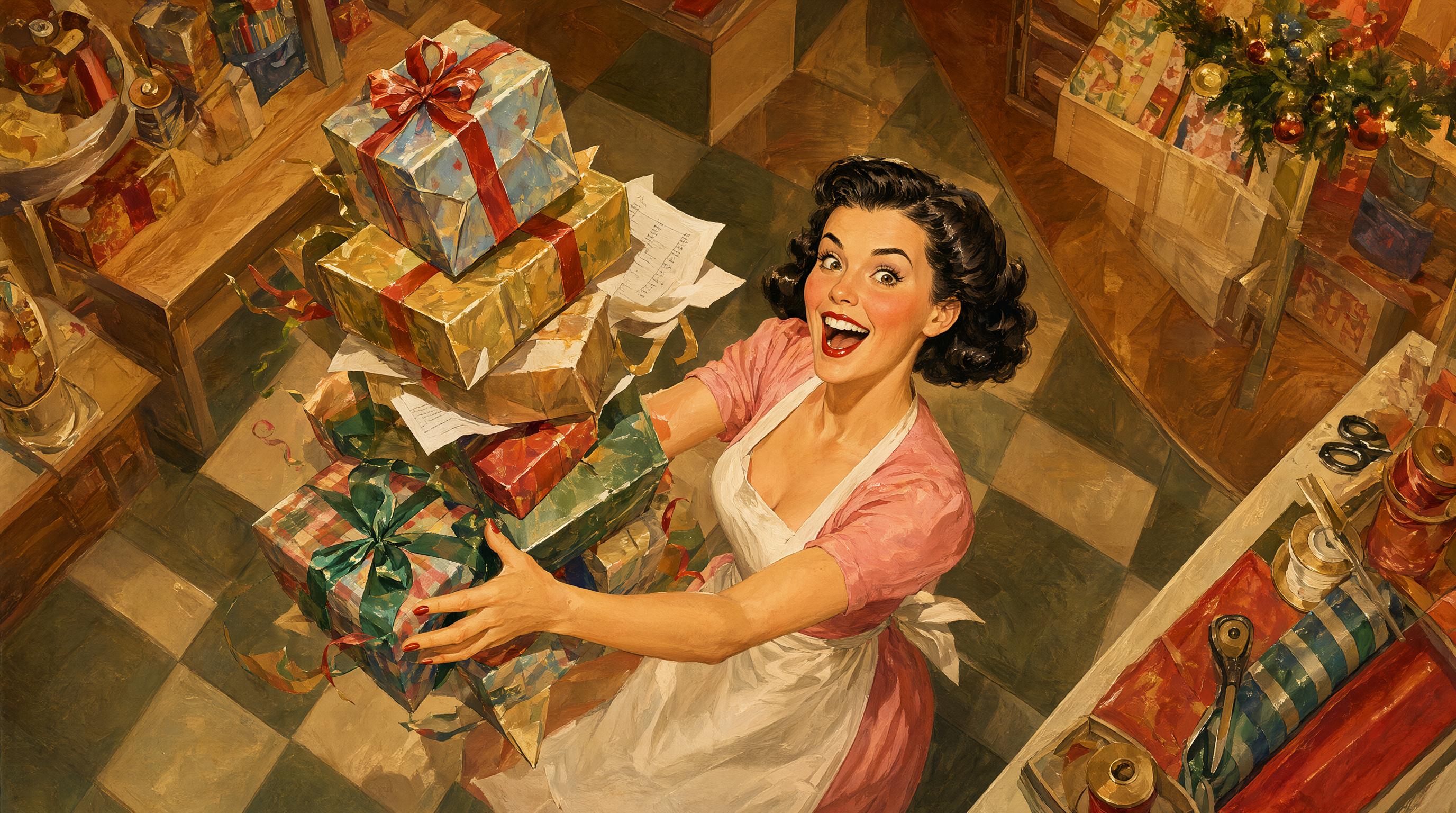 Pin-up balancing a teetering stack of wrapped gifts