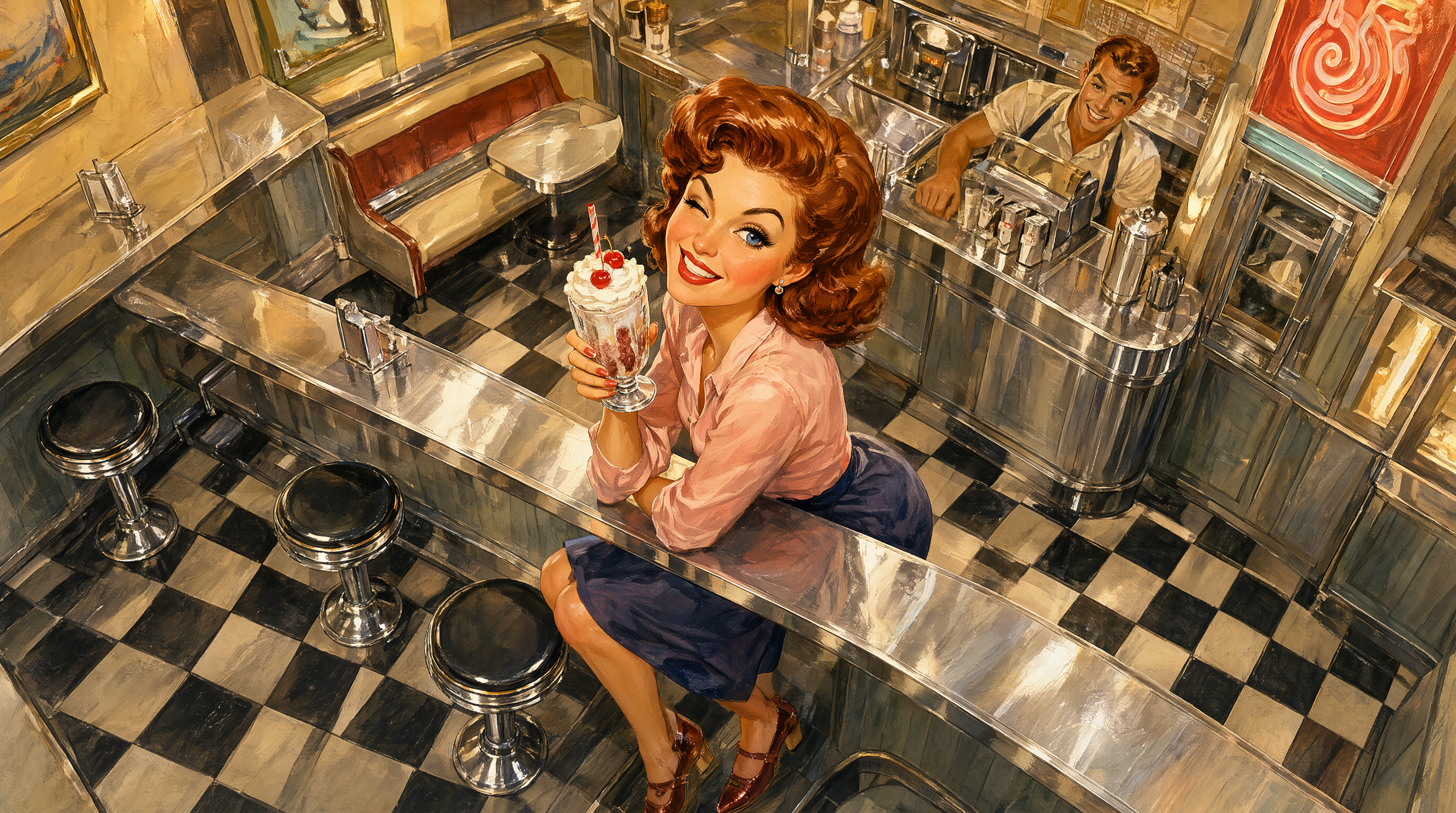 Pin-up at the luncheonette counter with an ice-cream soda