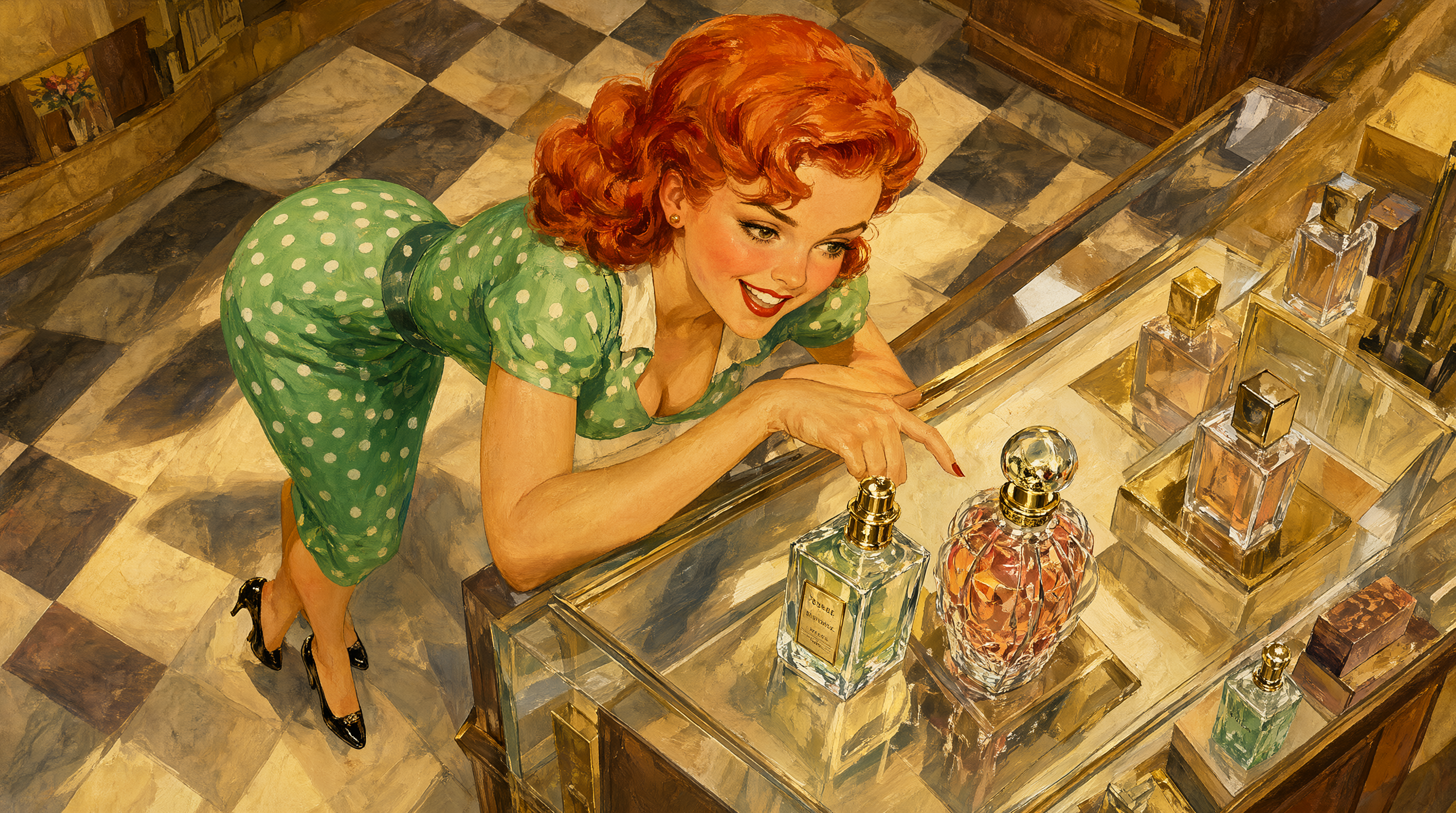 Pin-up at the perfume counter deciding between two bottles