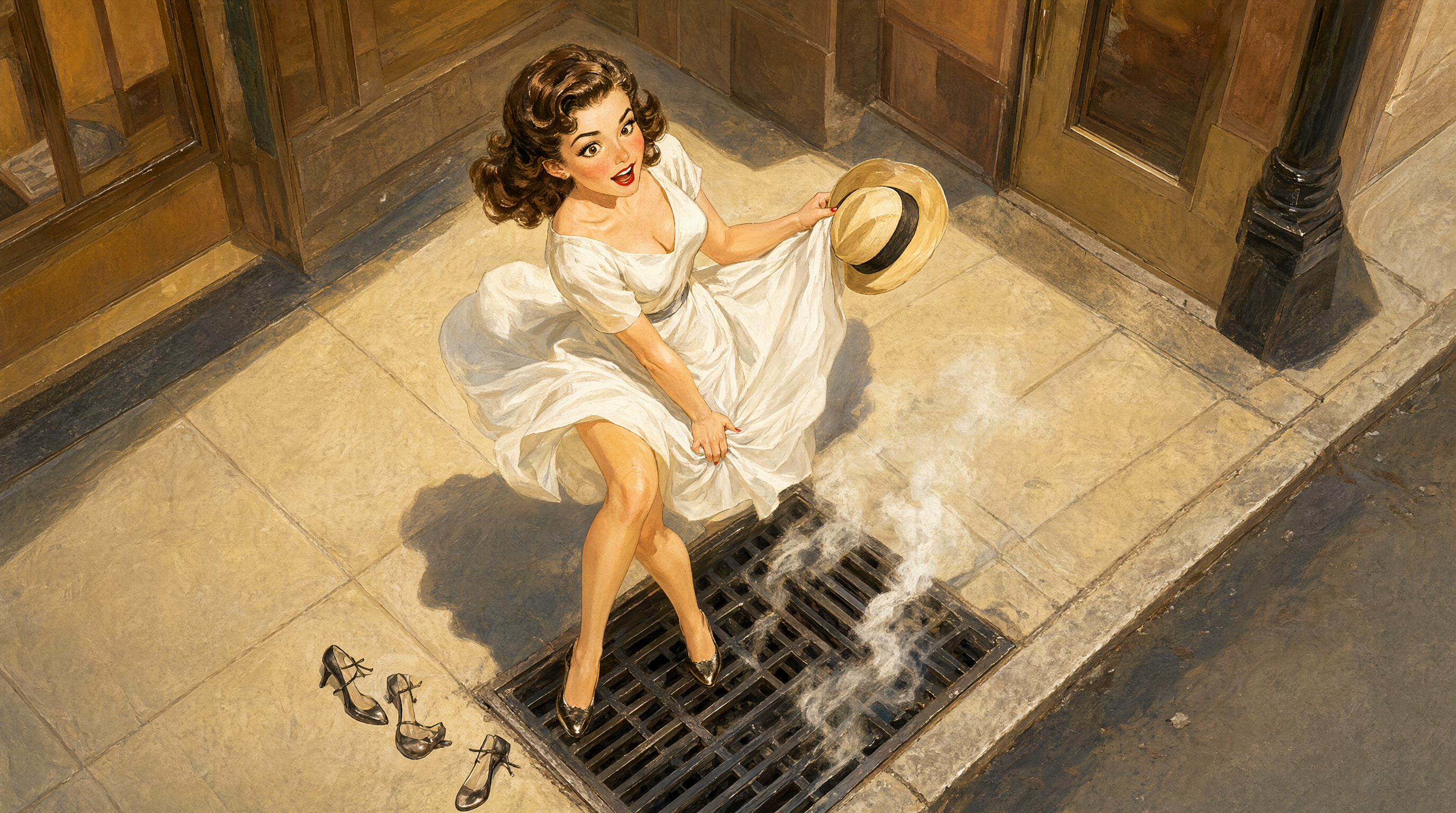 Pin-up over a subway steam grate, her white dress billowing