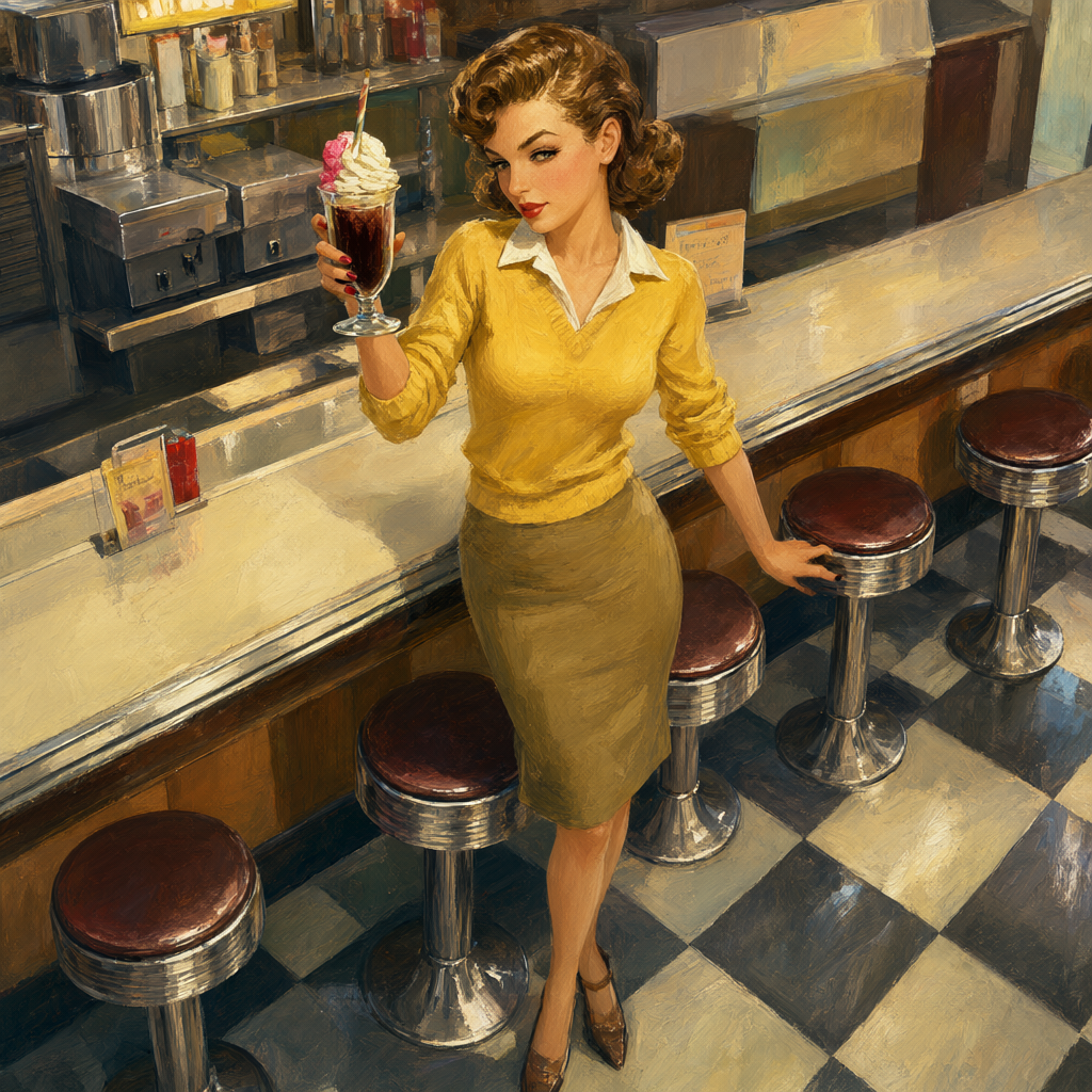 Winking pin-up with an ice cream soda at the lunch counter