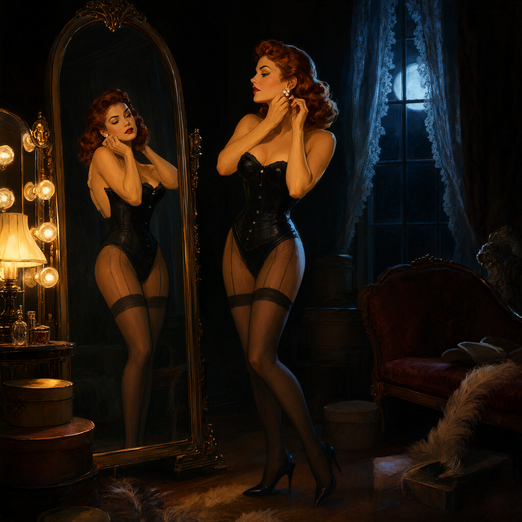 Pin-up in a corset and seamed stockings at her full-length mirror, fastening an earring