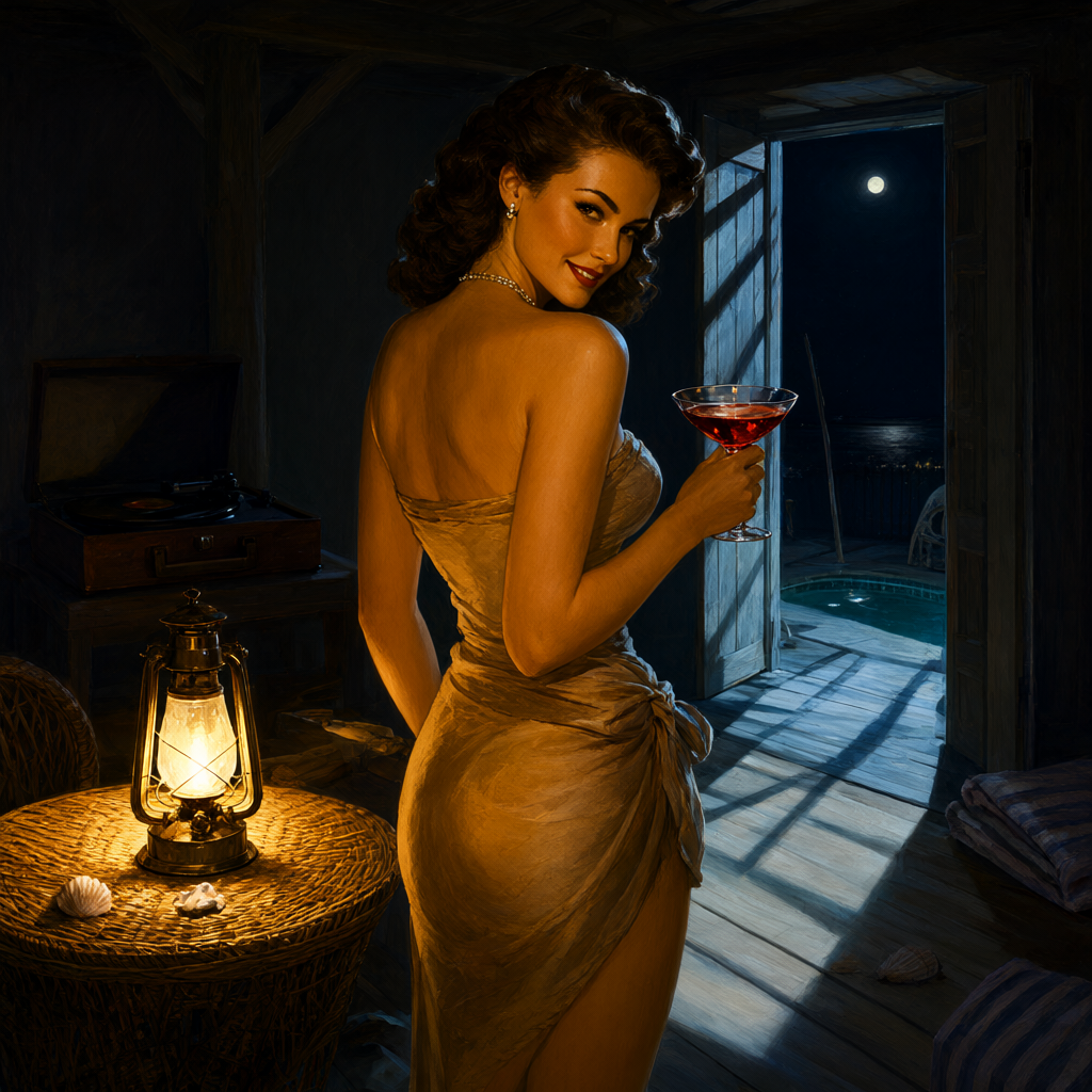 Pin-up in a swimsuit and sarong at a wicker table in a moonlit beach cabana, cocktail in hand