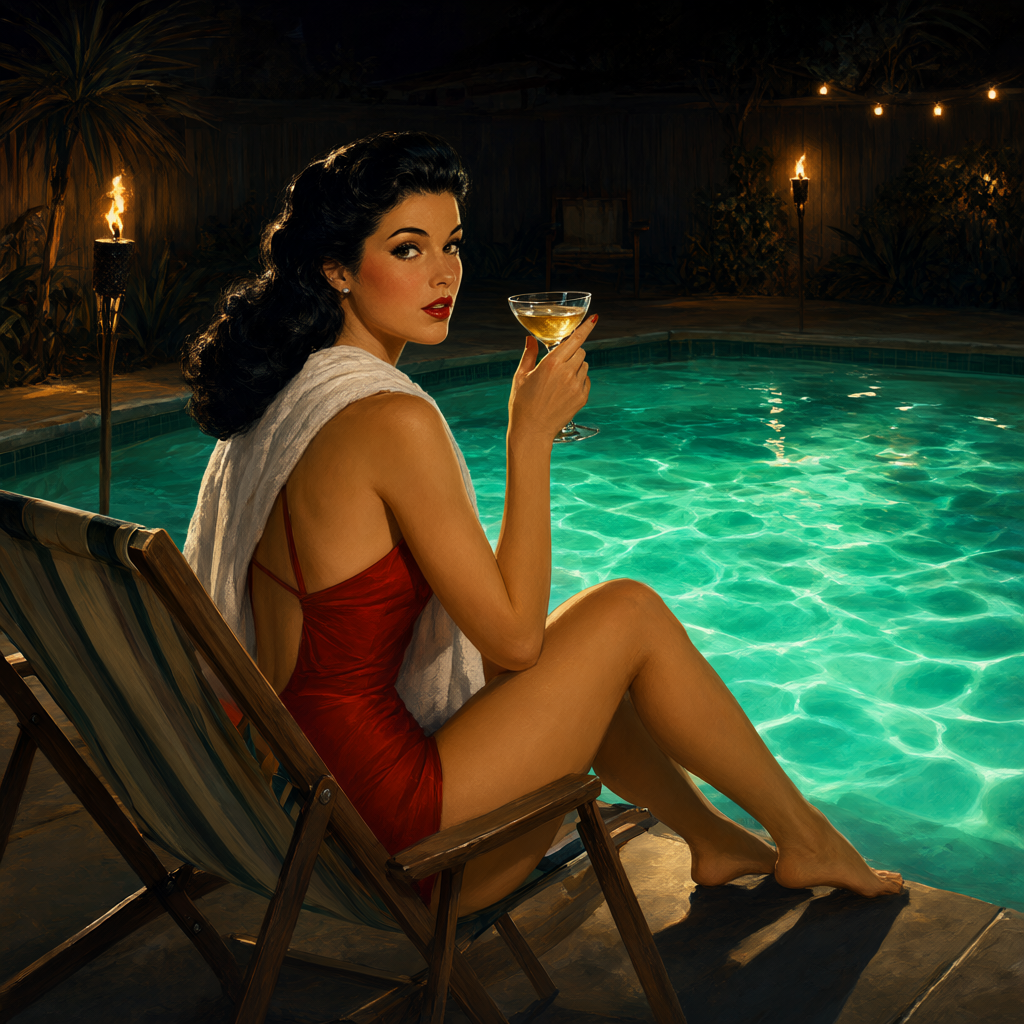 Pin-up on the lounge chair edge with a highball glass at a midnight pool, tiki torches and turquoise water glow
