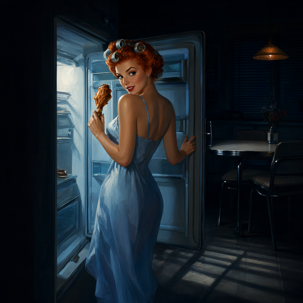 Pin-up in curlers at the open refrigerator at midnight, lit by the fridge's blue glow