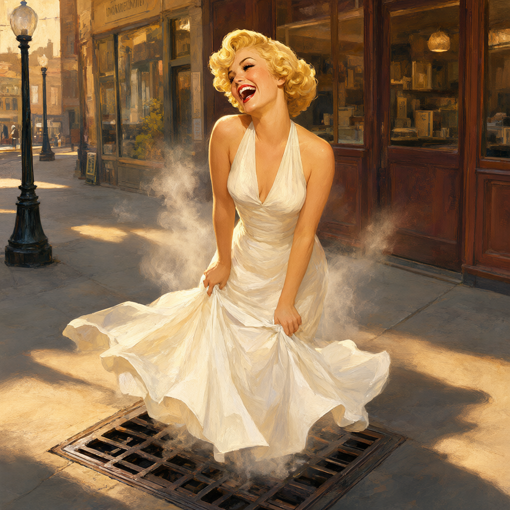 Elvgren-style pin-up over a subway grate