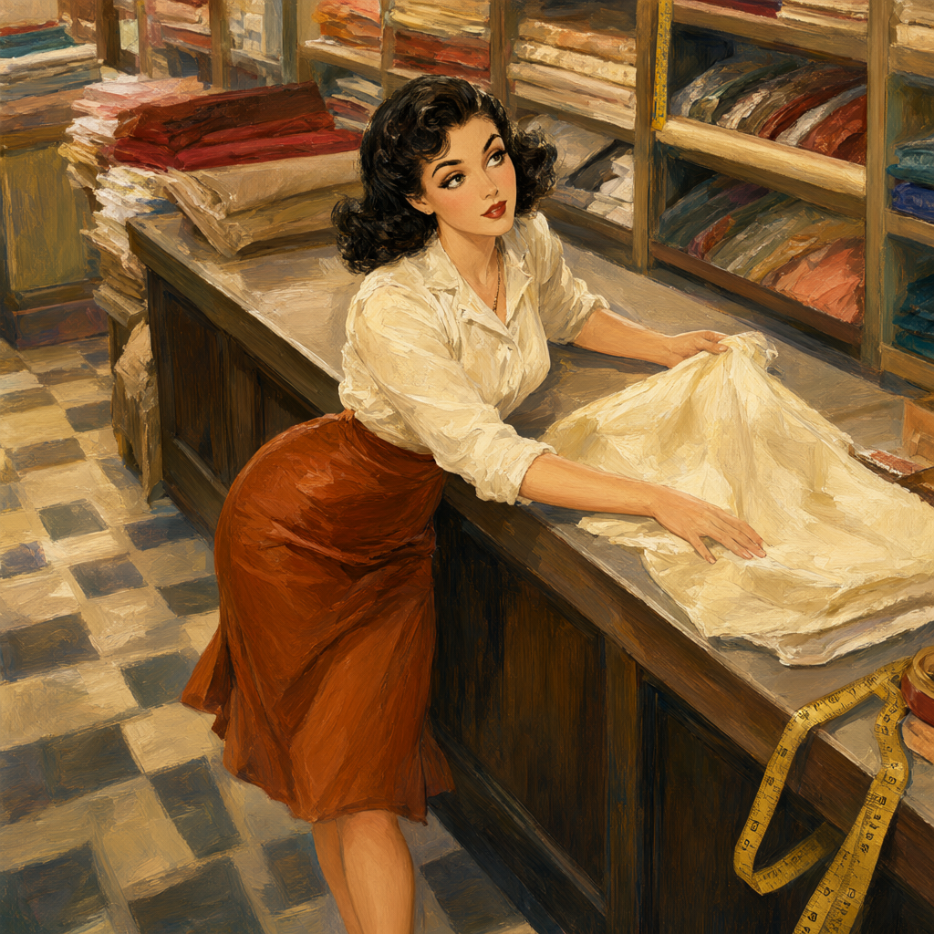 Pin-up selecting fabric from a bolt at the yard goods counter